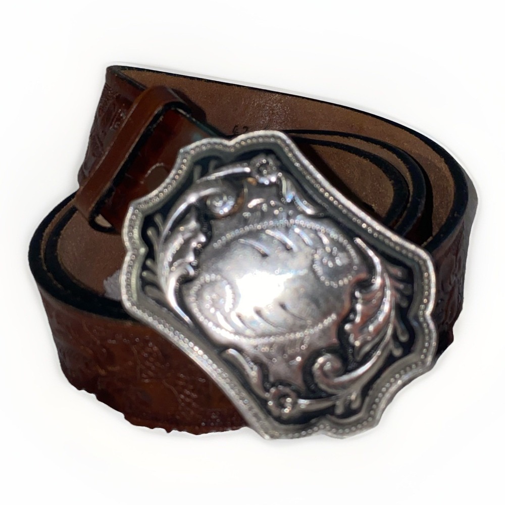 Tony Lama Brown Tooled Leather Western Belt Silver Ornate Buckle 11554 Mens 42